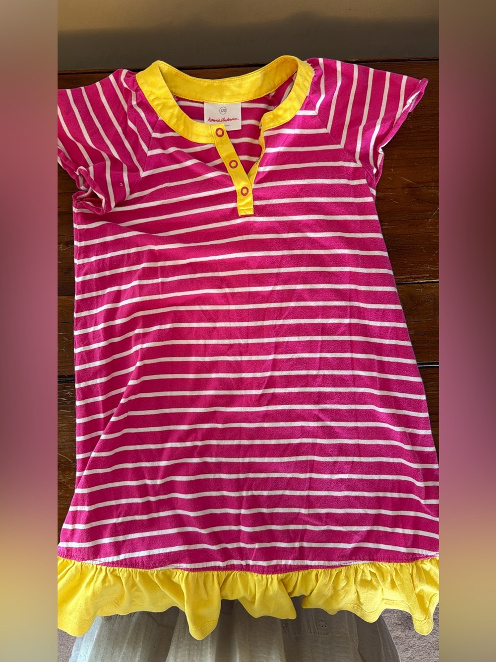 Hanna Andersson Pink and White Striped Tee with Yellow Trim